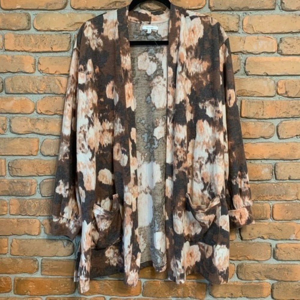 Maurices Womens XXL Brown Tan Tie‎ Dye Open Front Knit Cardigan Sweater Pockets